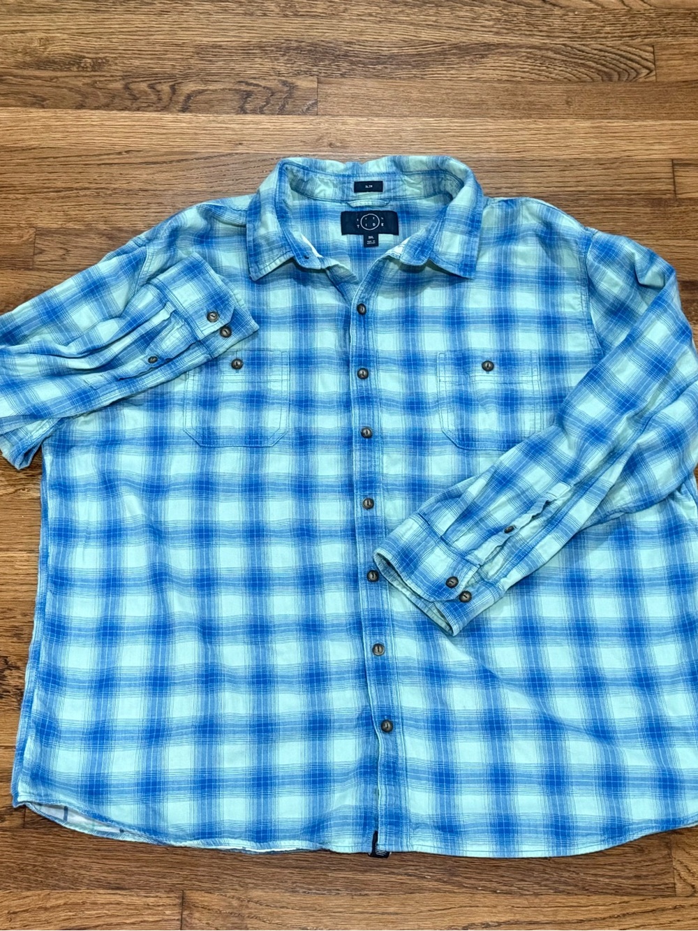 Even Tide Mens 3XL Slim Fit Button Down Shirt Blue Green Cotton Long Sleeve